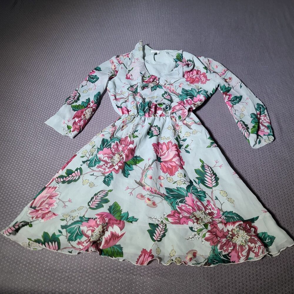 Patrizia Pepe Sage And Red Floral Dress 3/4 Sleeve Size 44 DA1838 A5I9